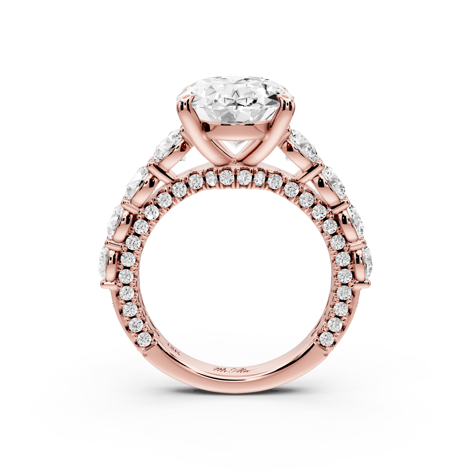Rocio - 5ct 14k rose gold Oval Hidden Halo Engagement Ring with Graduated Side Stones and Double Pavé Band - Mr. Alex Jewelry