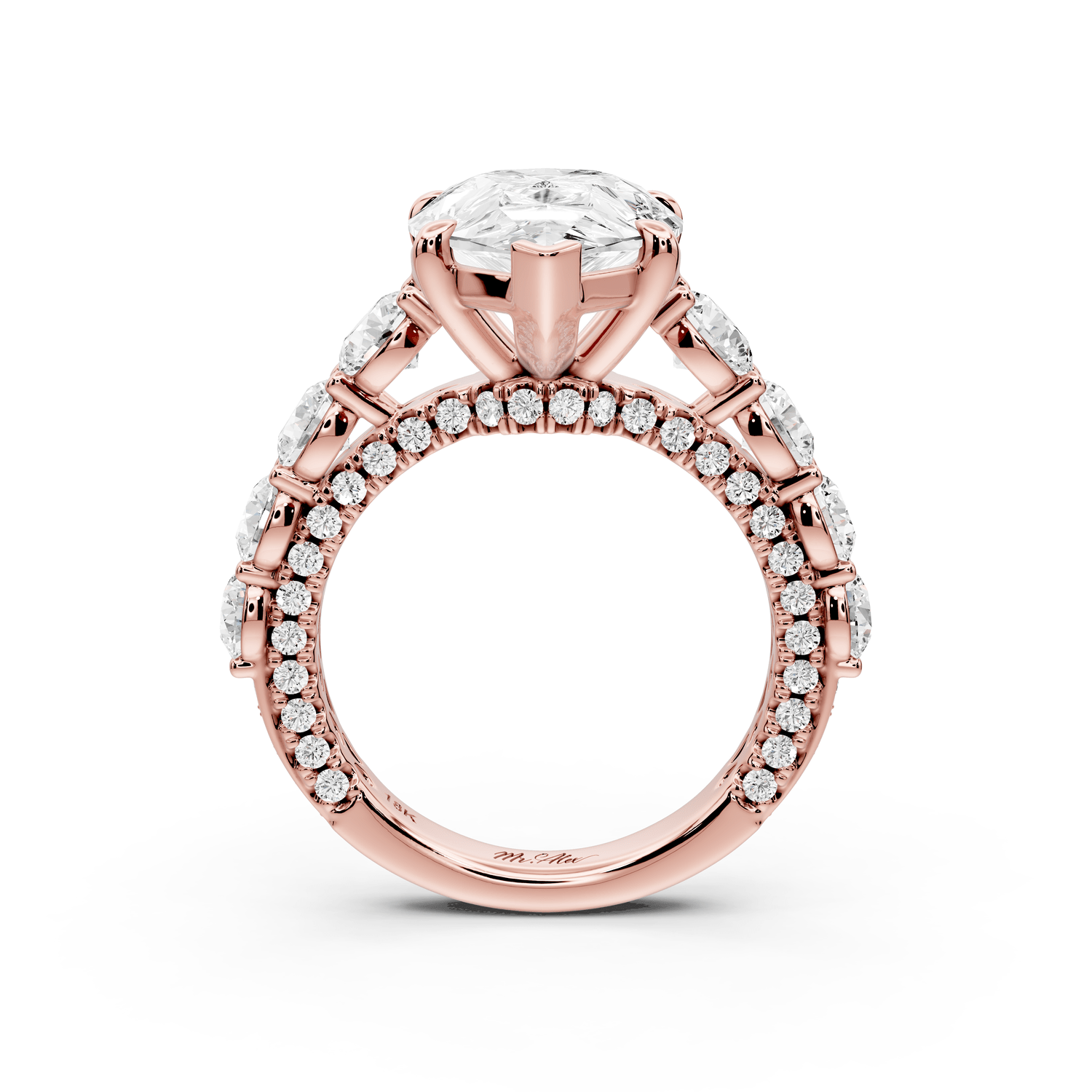 Rocio - 5ct 14k rose gold Pear Hidden Halo Engagement Ring with Graduated Side Stones and Double Pavé Band - Mr. Alex Jewelry