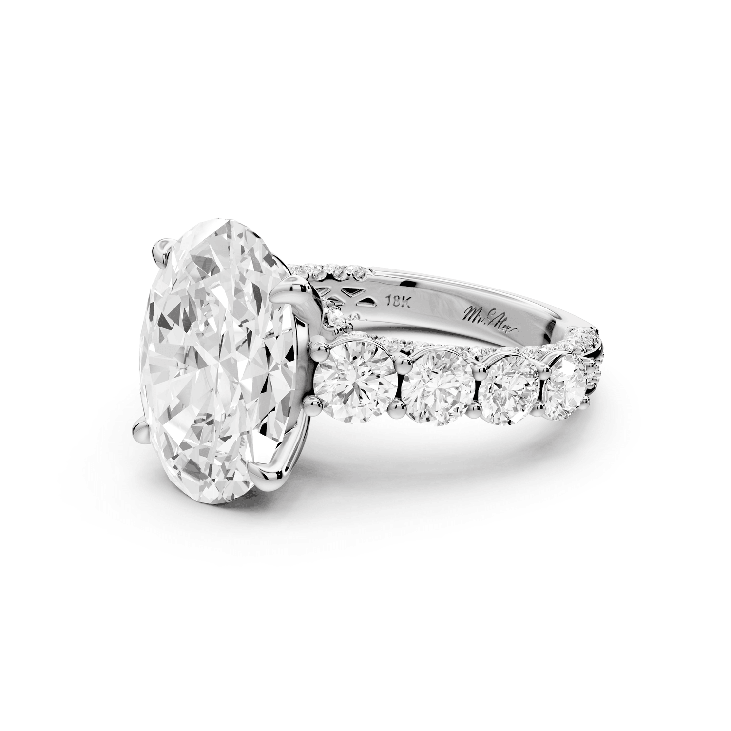 Rocio - 5ct 14k white gold Oval Hidden Halo Engagement Ring with Graduated Side Stones and Double Pavé Band - Mr. Alex Jewelry