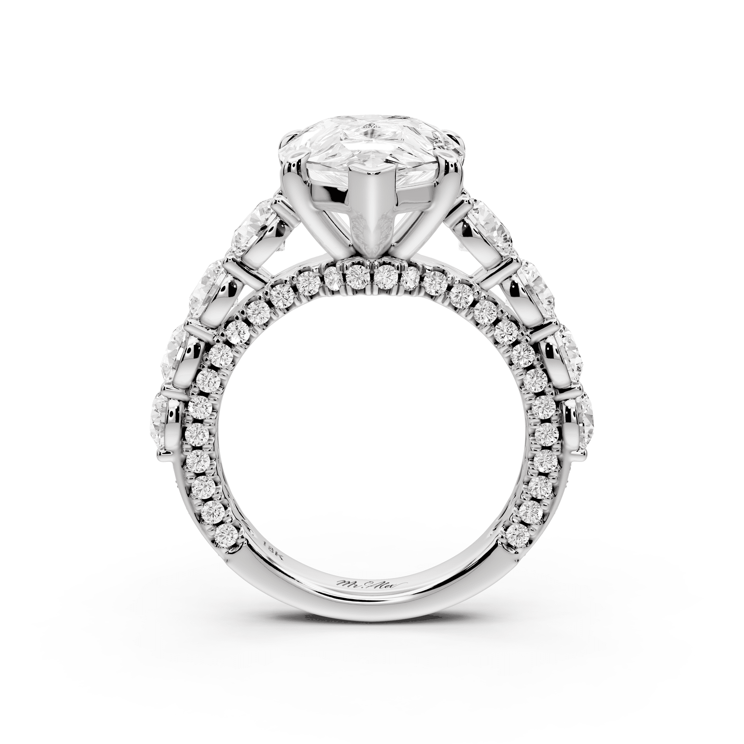 Rocio - 5ct 14k white gold Pear Hidden Halo Engagement Ring with Graduated Side Stones and Double Pavé Band - Mr. Alex Jewelry