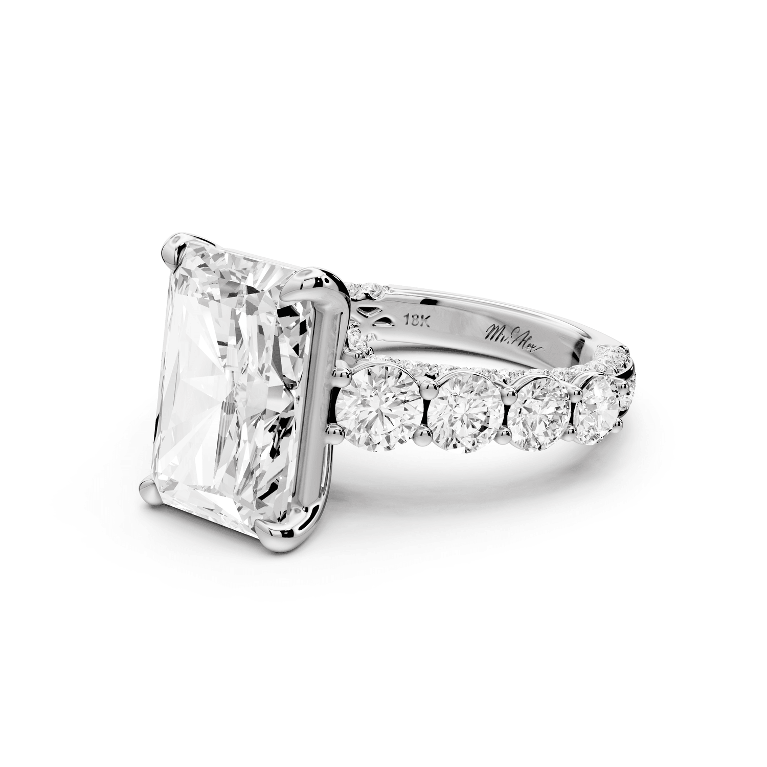 Rocio - 5ct 14k white gold Radiant Hidden Halo Engagement Ring with Graduated Side Stones and Double Pavé Band - Mr. Alex Jewelry