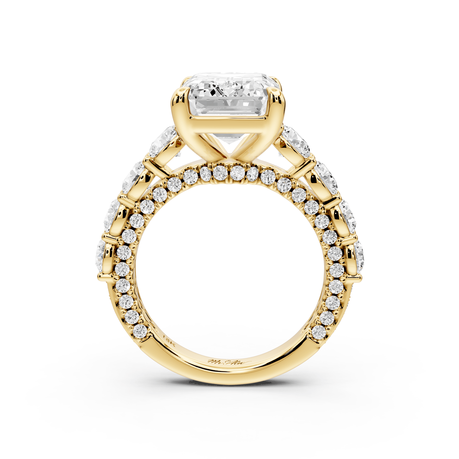 Rocio - 5ct 14k yellow gold Emerald Hidden Halo Engagement Ring with Graduated Side Stones and Double Pavé Band - Mr. Alex Jewelry