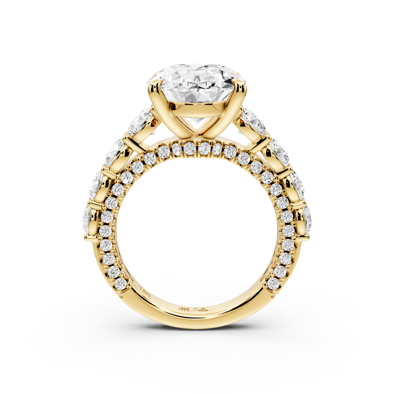 Rocio - 5ct 14k yellow gold Oval Hidden Halo Engagement Ring with Graduated Side Stones and Double Pavé Band - Mr. Alex Jewelry