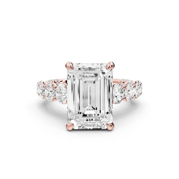 Rocio - 5ct 18k rose gold Emerald Hidden Halo Engagement Ring with Graduated Side Stones and Double Pavé Band - Mr. Alex Jewelry