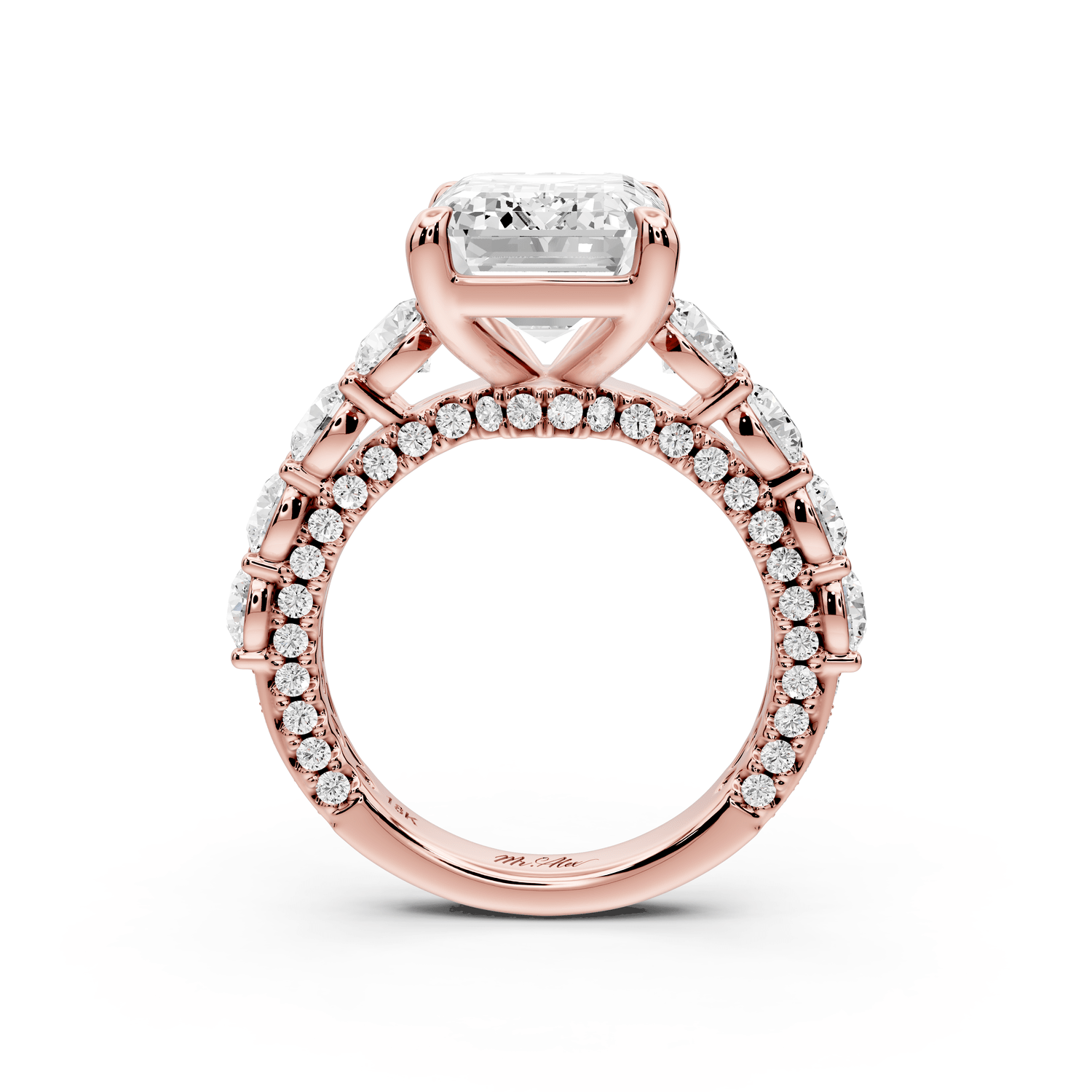 Rocio - 5ct 18k rose gold Emerald Hidden Halo Engagement Ring with Graduated Side Stones and Double Pavé Band - Mr. Alex Jewelry