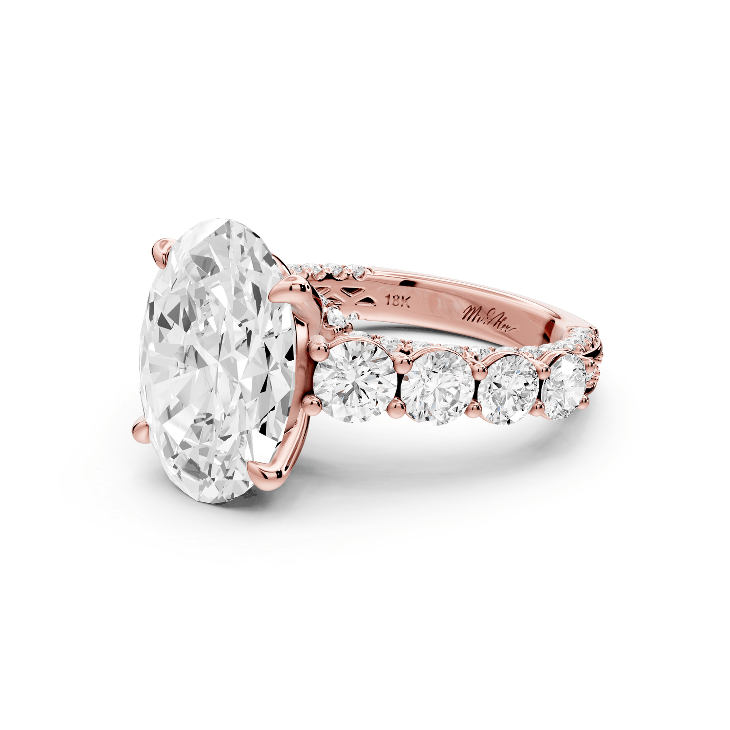 Rocio - 5ct 18k rose gold Oval Hidden Halo Engagement Ring with Graduated Side Stones and Double Pavé Band - Mr. Alex Jewelry