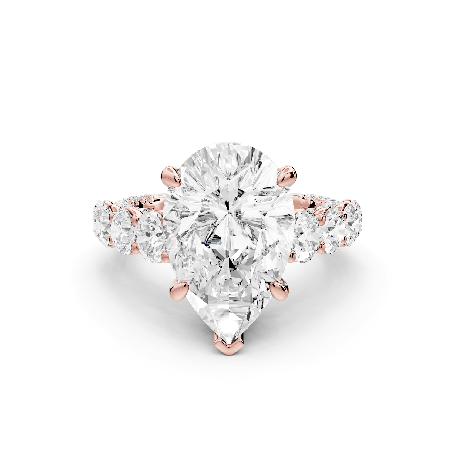 Rocio - 5ct 18k rose gold Pear Hidden Halo Engagement Ring with Graduated Side Stones and Double Pavé Band - Mr. Alex Jewelry