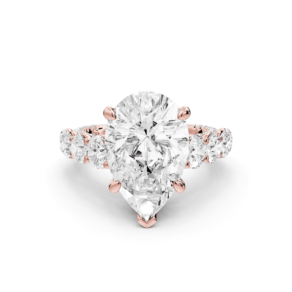 Rocio - 5ct 18k rose gold Pear Hidden Halo Engagement Ring with Graduated Side Stones and Double Pavé Band - Mr. Alex Jewelry