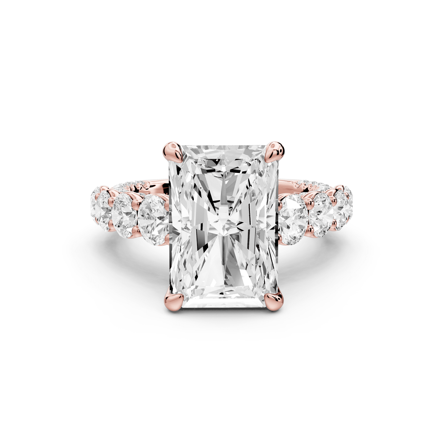 Rocio - 5ct 18k rose gold Radiant Hidden Halo Engagement Ring with Graduated Side Stones and Double Pavé Band - Mr. Alex Jewelry