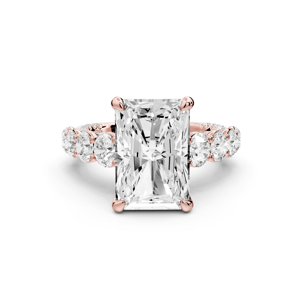 Rocio - 5ct 18k rose gold Radiant Hidden Halo Engagement Ring with Graduated Side Stones and Double Pavé Band - Mr. Alex Jewelry