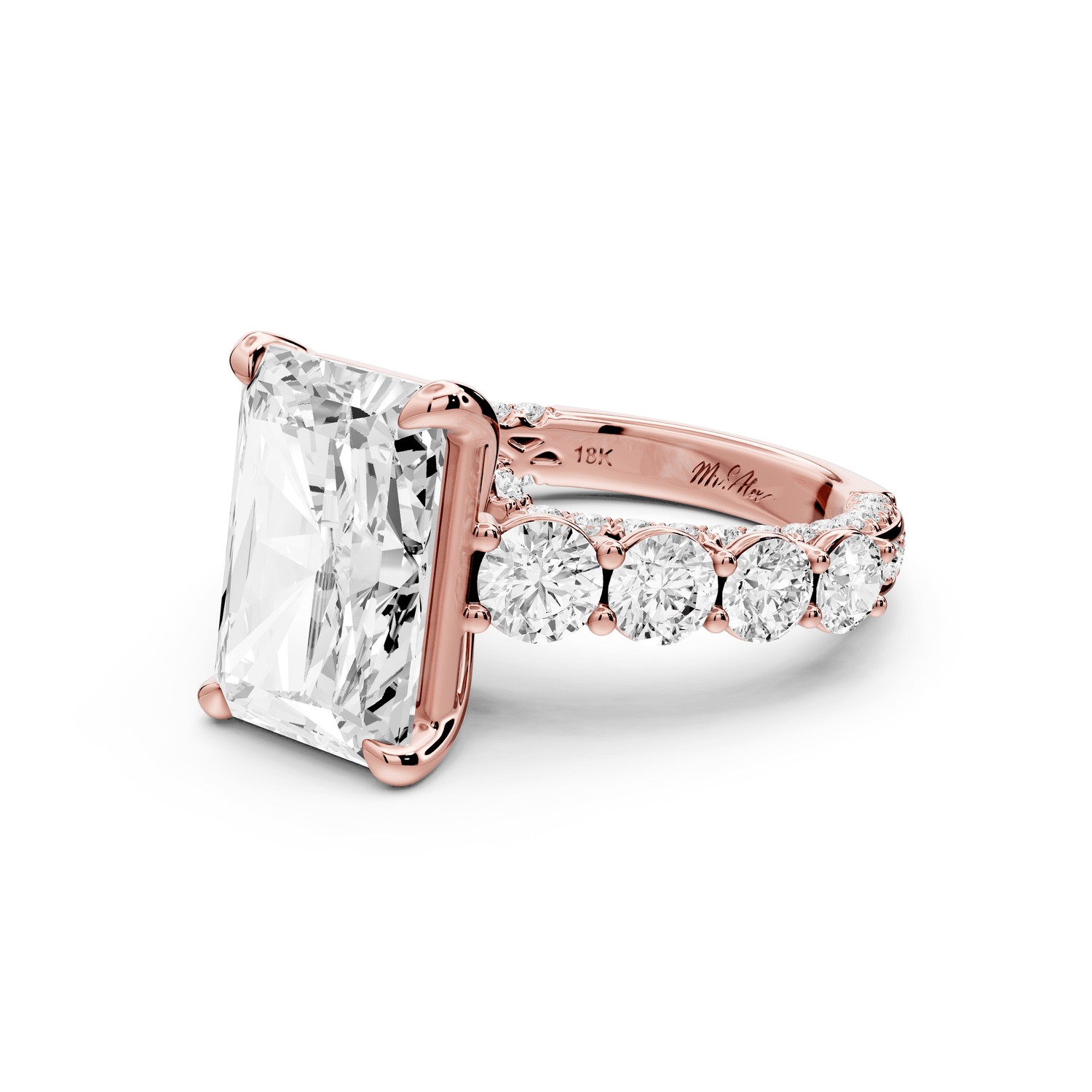 Rocio - 5ct 18k rose gold Radiant Hidden Halo Engagement Ring with Graduated Side Stones and Double Pavé Band - Mr. Alex Jewelry