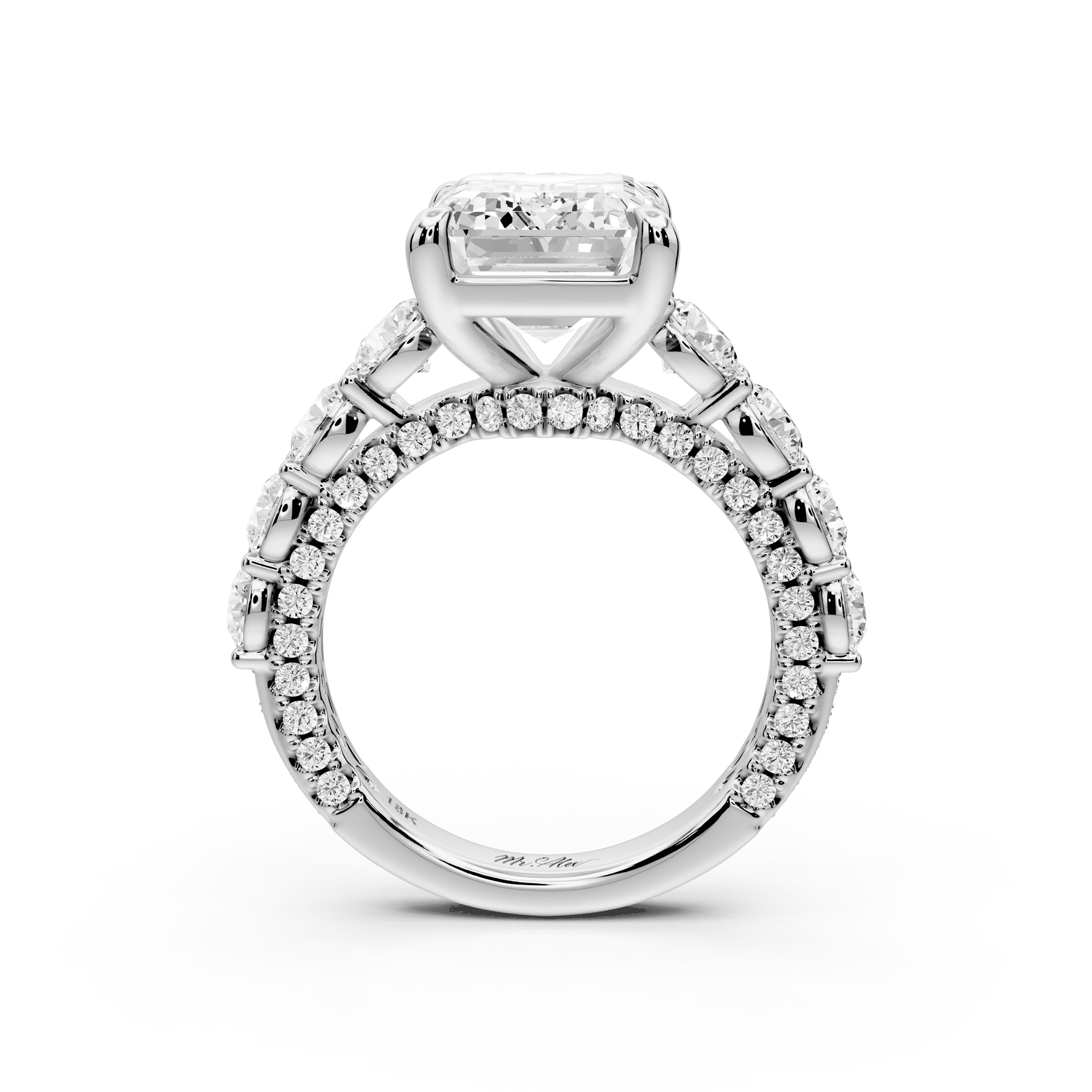 Rocio - 5ct 18k white gold Emerald Hidden Halo Engagement Ring with Graduated Side Stones and Double Pavé Band - Mr. Alex Jewelry