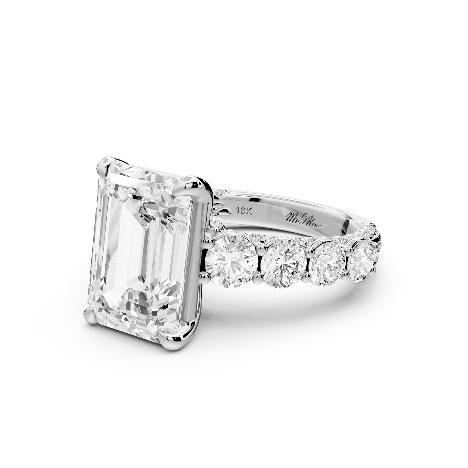Rocio - 5ct 18k white gold Emerald Hidden Halo Engagement Ring with Graduated Side Stones and Double Pavé Band - Mr. Alex Jewelry