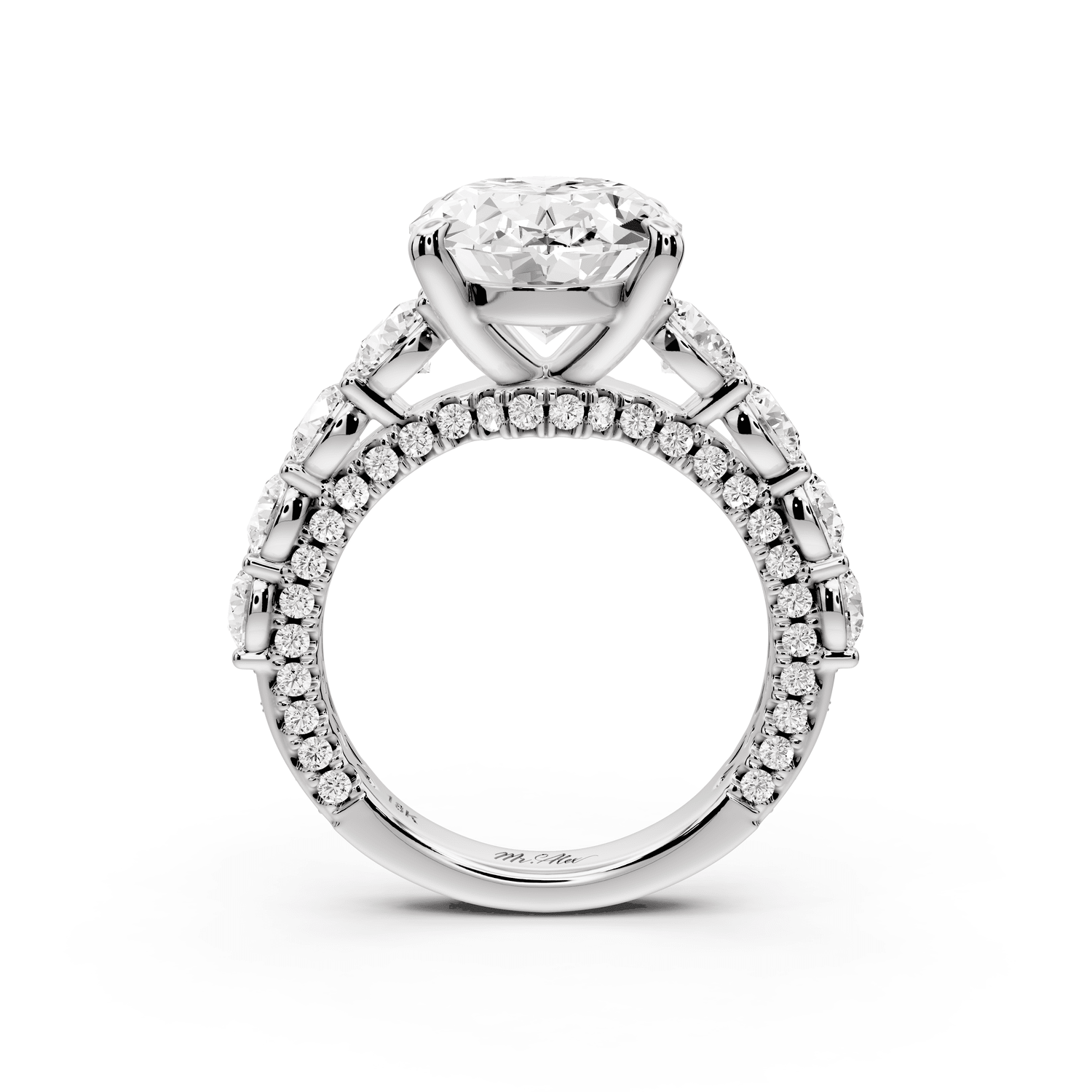 Rocio - 5ct 18k white gold Oval Hidden Halo Engagement Ring with Graduated Side Stones and Double Pavé Band - Mr. Alex Jewelry