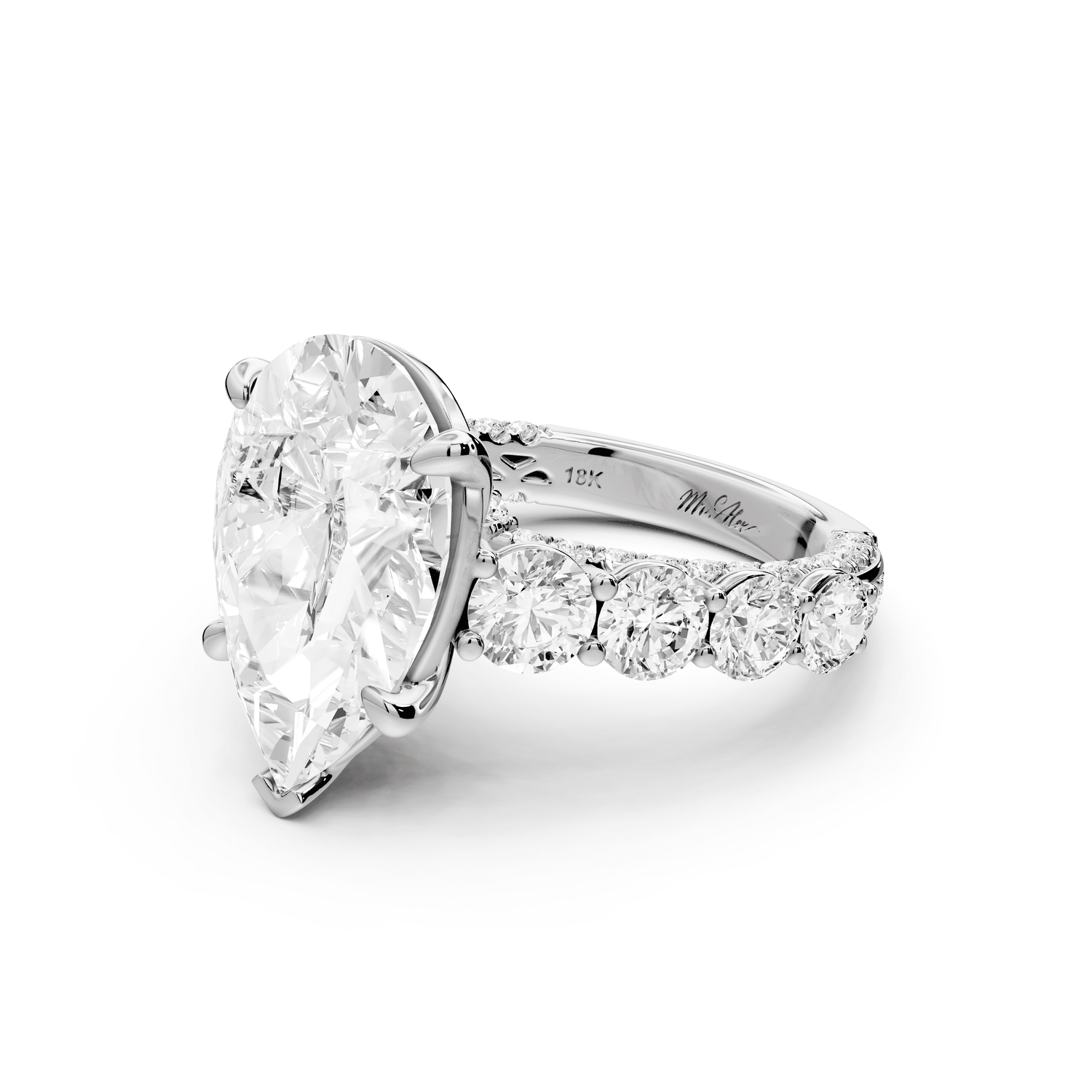 Rocio - 5ct 18k white gold Pear Hidden Halo Engagement Ring with Graduated Side Stones and Double Pavé Band - Mr. Alex Jewelry