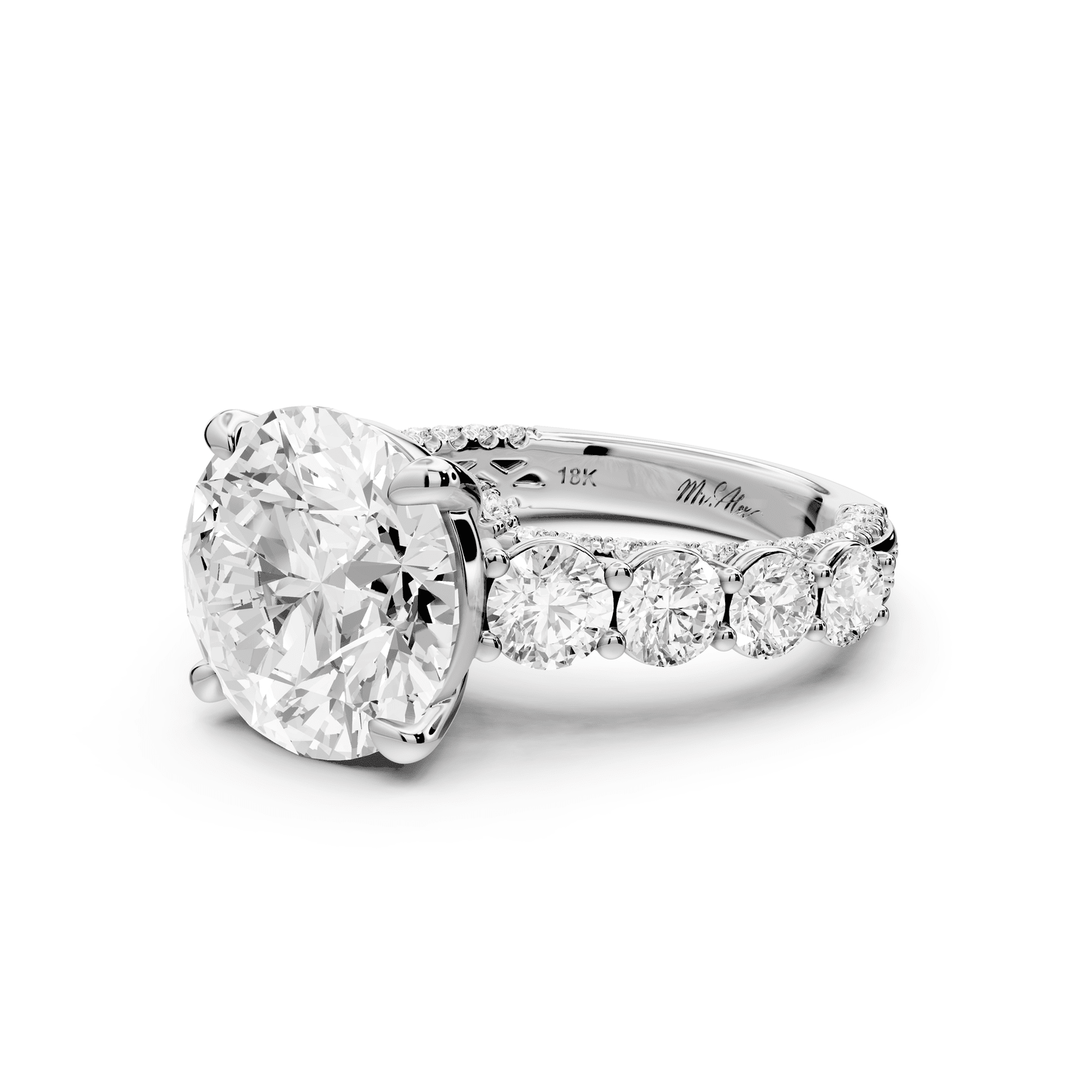 Rocio - 5ct 18k white gold Round Hidden Halo Engagement Ring with Graduated Side Stones and Double Pavé Band - Mr. Alex Jewelry