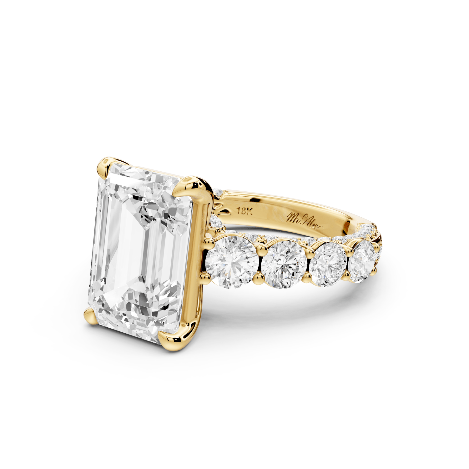 Rocio - 5ct 18k yellow gold Emerald Hidden Halo Engagement Ring with Graduated Side Stones and Double Pavé Band - Mr. Alex Jewelry