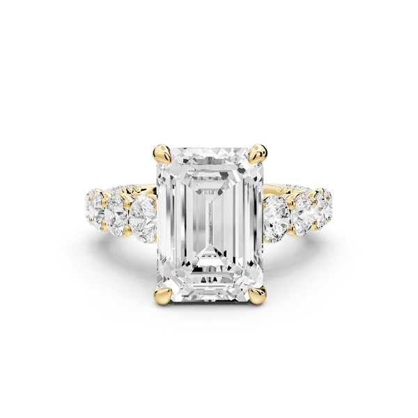 Rocio - 5ct 18k yellow gold Emerald Hidden Halo Engagement Ring with Graduated Side Stones and Double Pavé Band - Mr. Alex Jewelry