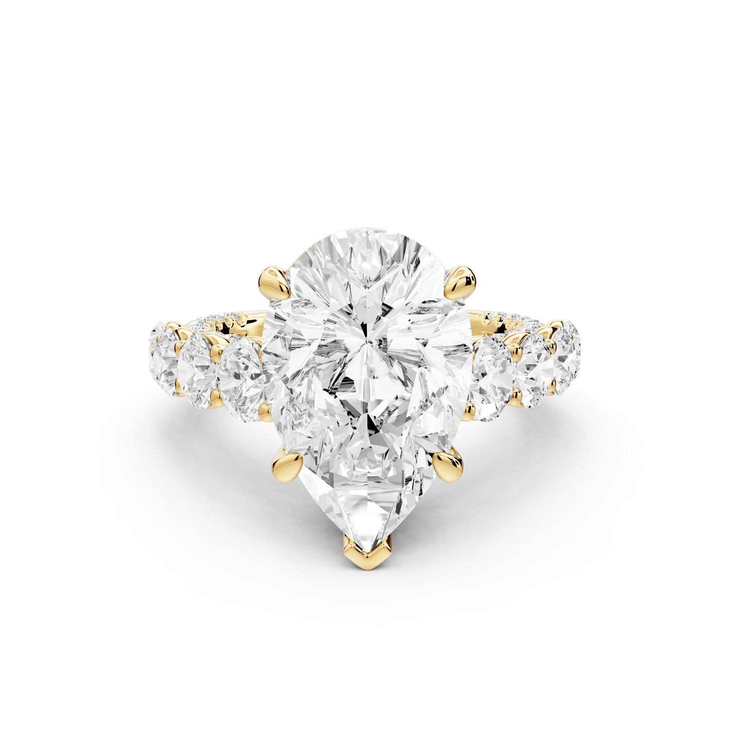 Rocio - 5ct 18k yellow gold Pear Hidden Halo Engagement Ring with Graduated Side Stones and Double Pavé Band - Mr. Alex Jewelry