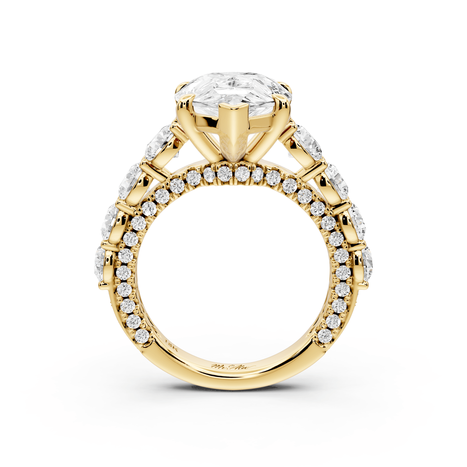 Rocio - 5ct 18k yellow gold Pear Hidden Halo Engagement Ring with Graduated Side Stones and Double Pavé Band - Mr. Alex Jewelry