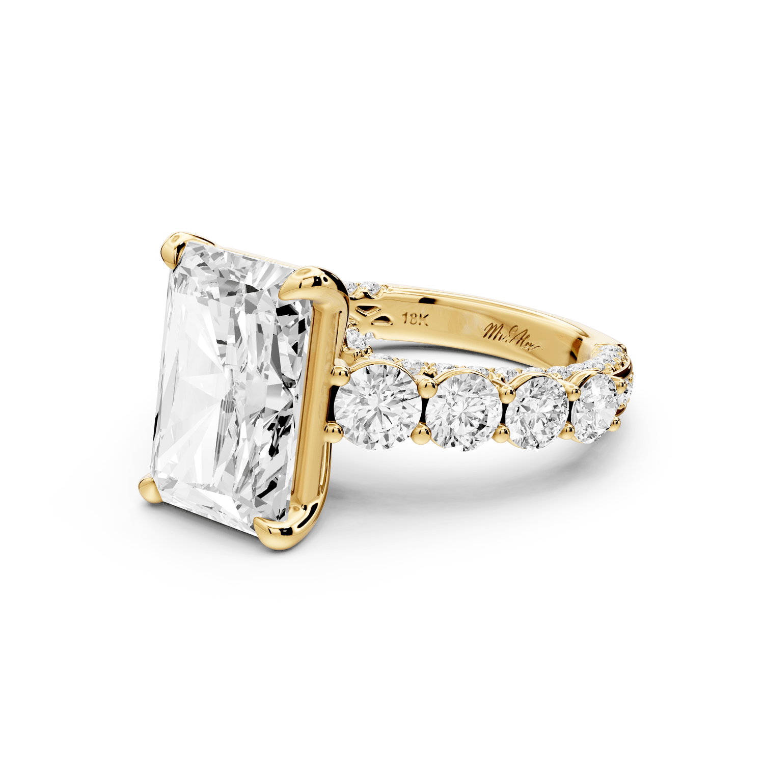 Rocio - 5ct 18k yellow gold Radiant Hidden Halo Engagement Ring with Graduated Side Stones and Double Pavé Band - Mr. Alex Jewelry