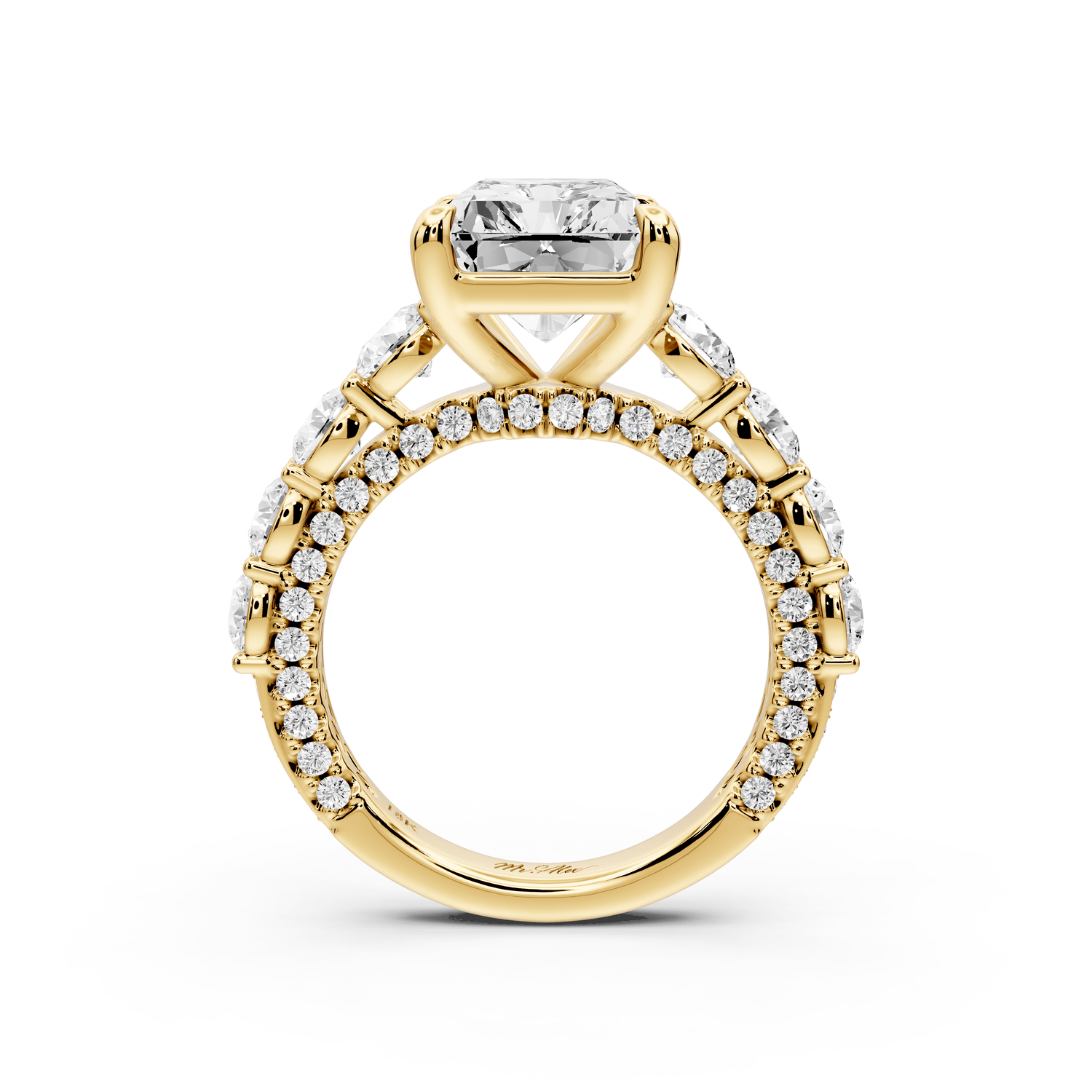 Rocio - 5ct 18k yellow gold Radiant Hidden Halo Engagement Ring with Graduated Side Stones and Double Pavé Band - Mr. Alex Jewelry