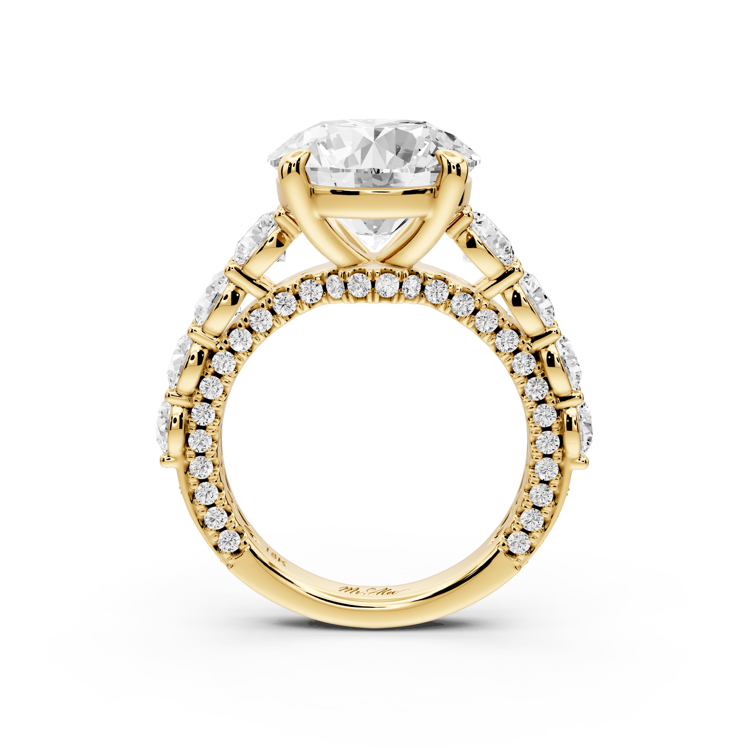 Rocio - 5ct 18k yellow gold Round Hidden Halo Engagement Ring with Graduated Side Stones and Double Pavé Band - Mr. Alex Jewelry