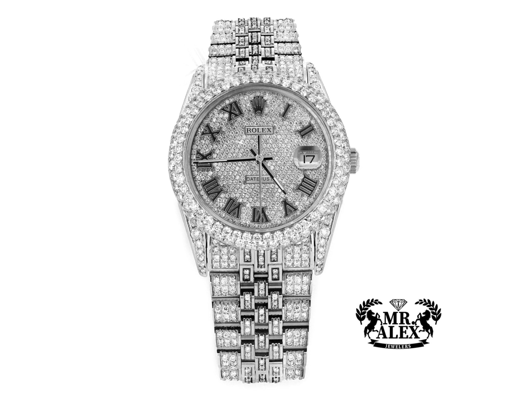 Rolex 36mm Date-just Full Diamonds - Custom Roman Dial 11.0ct - Mr. Alex Jewelry