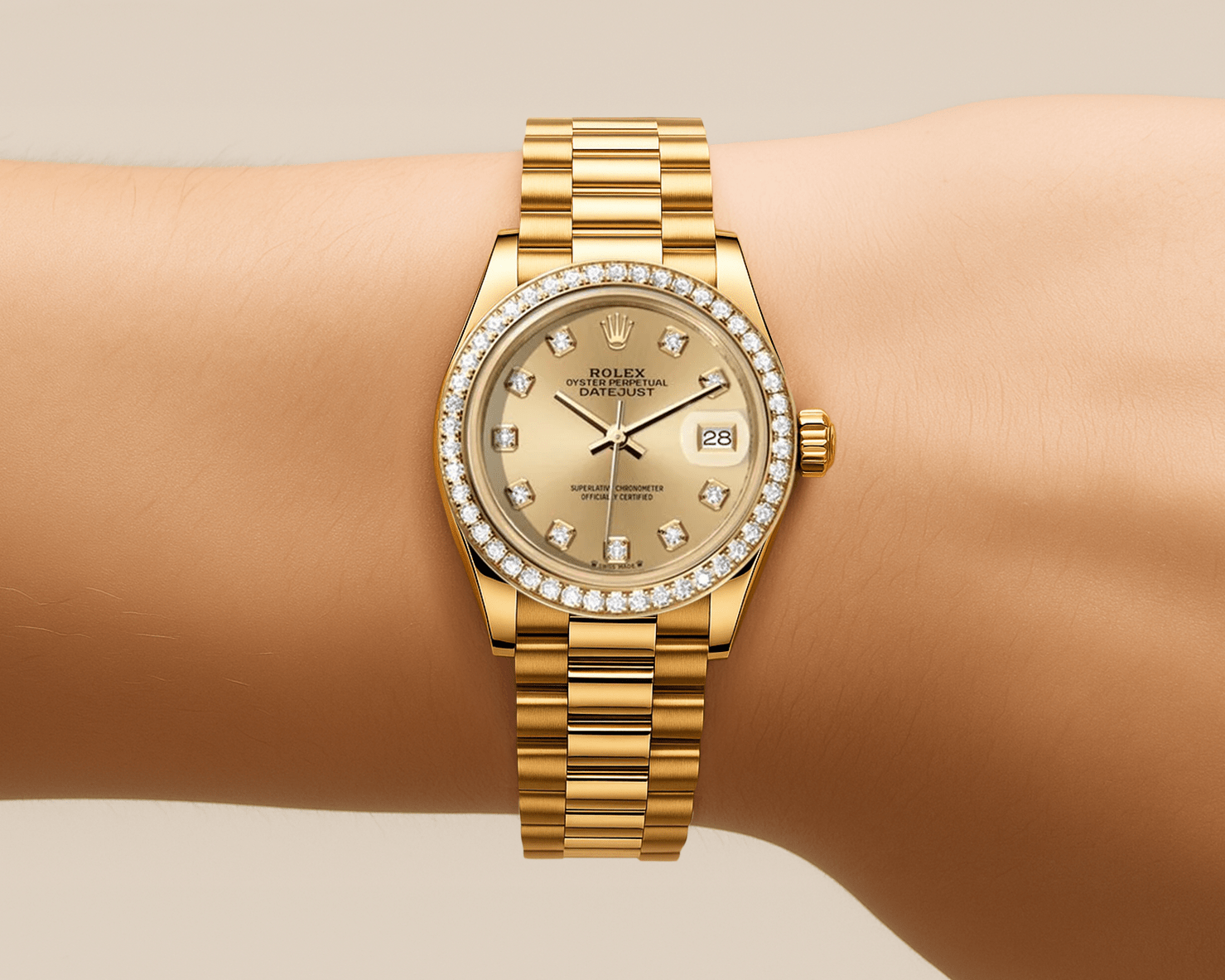 Rolex Datejust 26mm President Champage Gem Dial - Diamond Bezel - Mr. Alex Jewelry