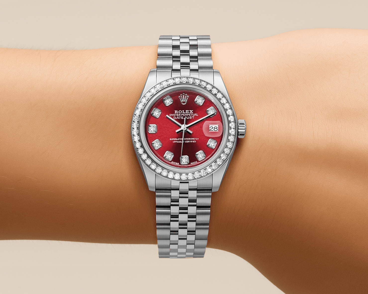 Rolex DateJust 26mm Red Dial - Diamond Bezel 1.50ct - Mr. Alex Jewelry