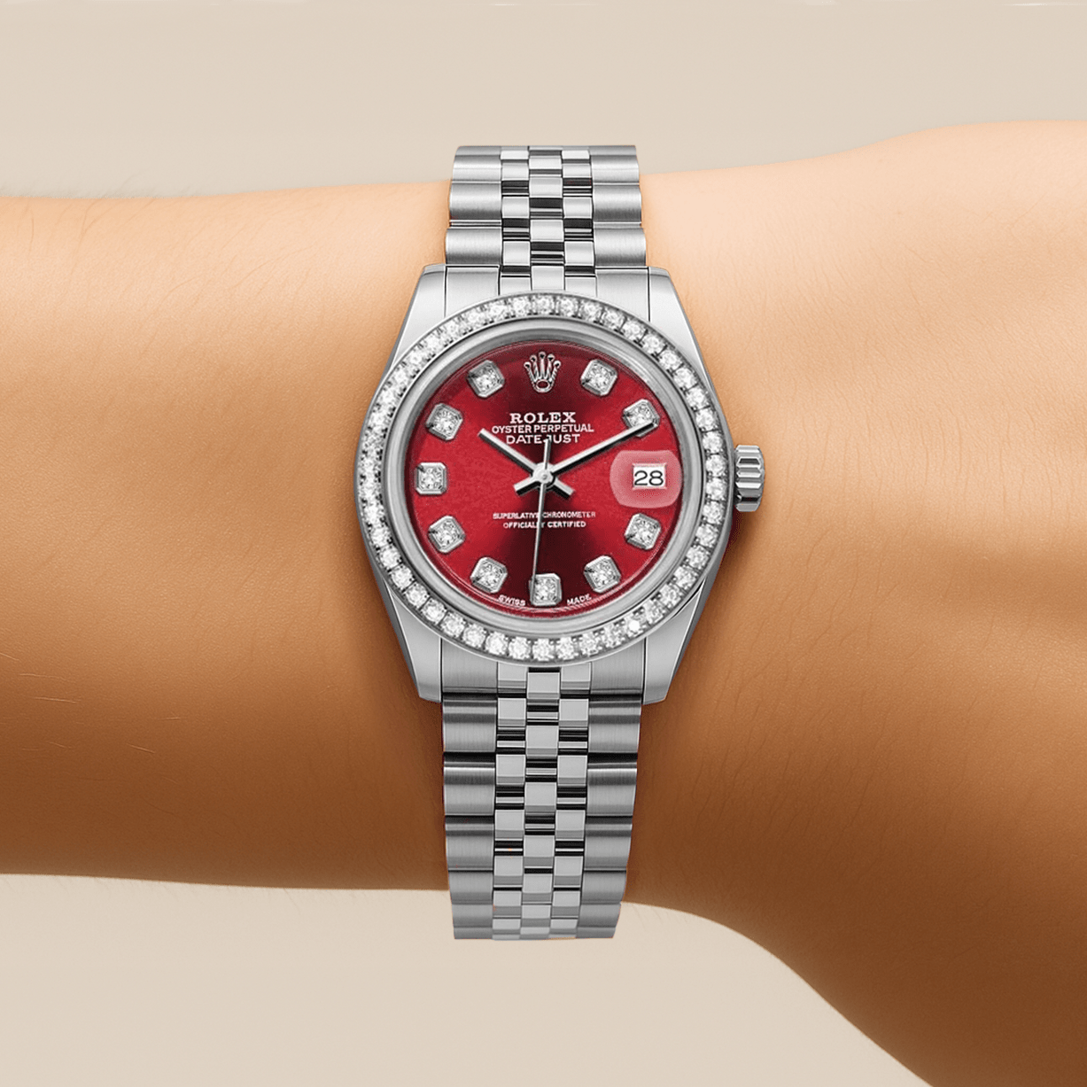 Rolex DateJust 26mm Red Dial - Diamond Bezel 1.50ct - Mr. Alex Jewelry