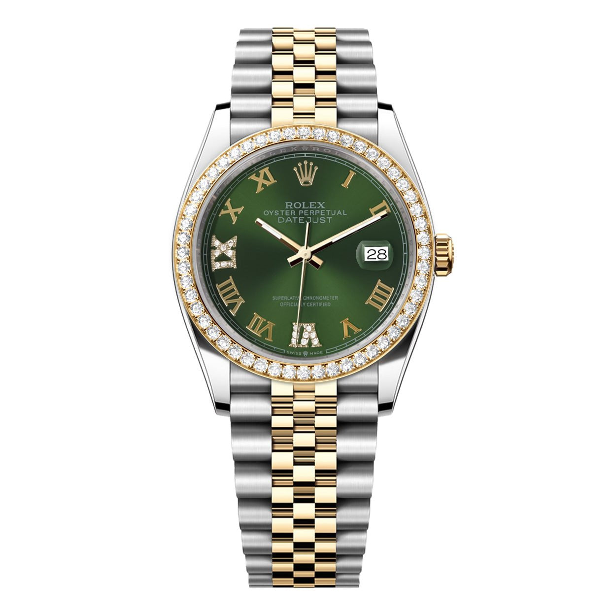 Rolex DateJust 36mm Green Roman Diamond Dial - Diamond Bezel - Mr. Alex Jewelry