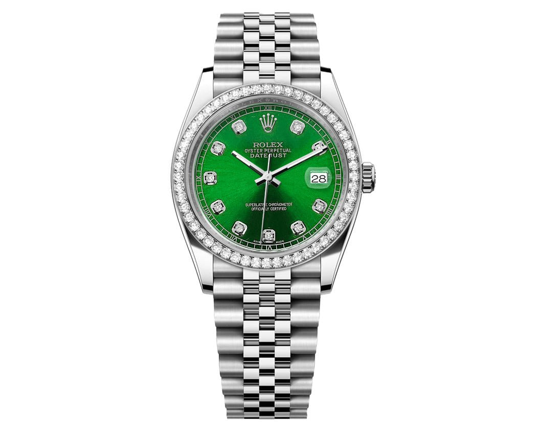 Rolex DateJust 36mm Jubilee-Green Dial-Diamond Bezel 1.50ct - Mr. Alex Jewelry