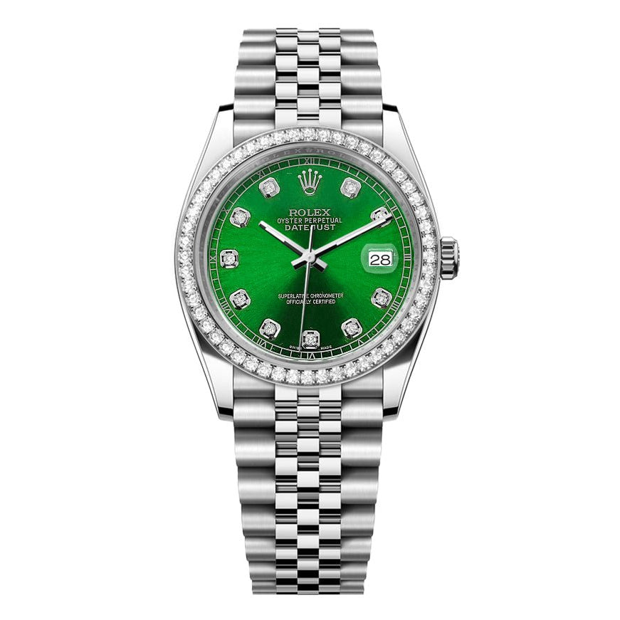 Rolex DateJust 36mm Jubilee-Green Dial-Diamond Bezel 1.50ct - Mr. Alex Jewelry