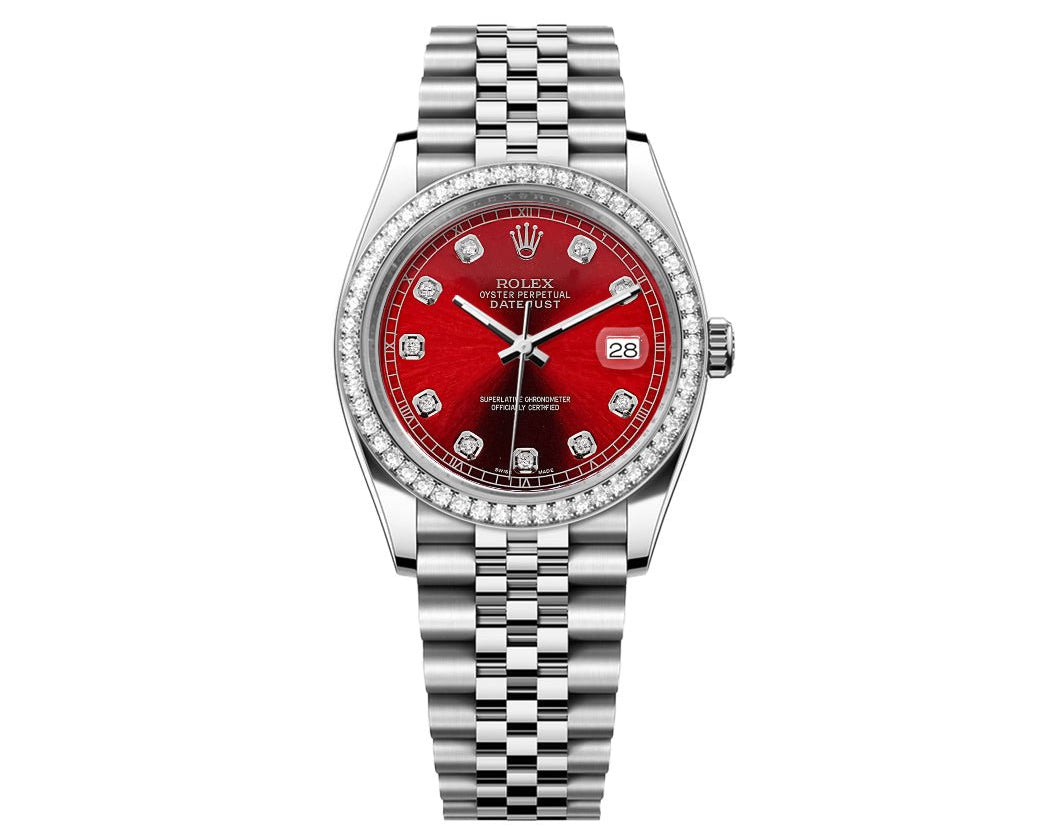 Rolex DateJust 36mm Jubilee-Red Dial-Diamond Bezel 1.50ct - Mr. Alex Jewelry