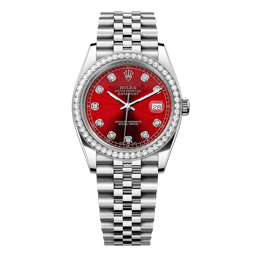 Rolex DateJust 36mm Jubilee-Red Dial-Diamond Bezel 1.50ct - Mr. Alex Jewelry