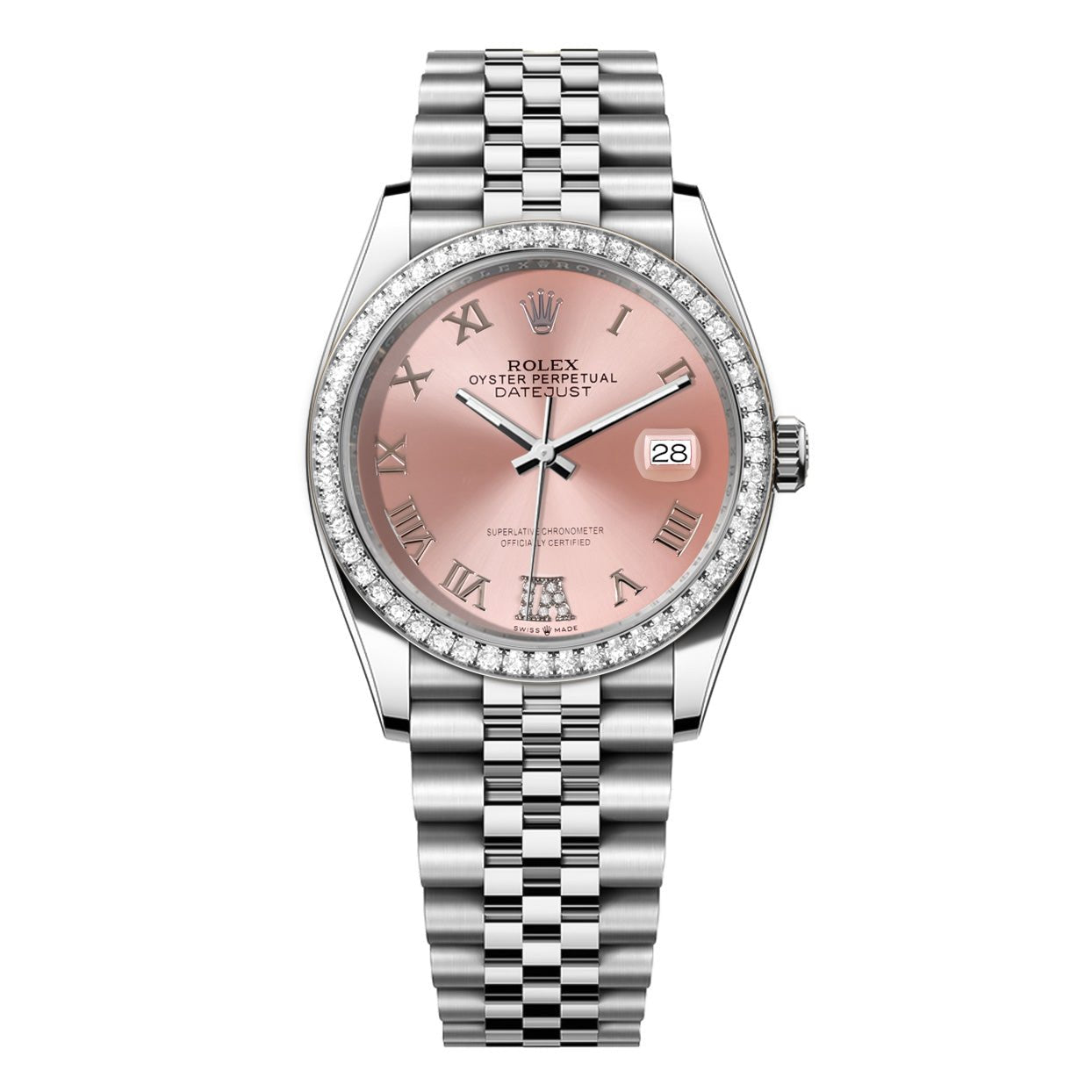 Rolex DateJust 36mm Pink Roman Diamond Dial - Diamond Bezel - Mr. Alex Jewelry