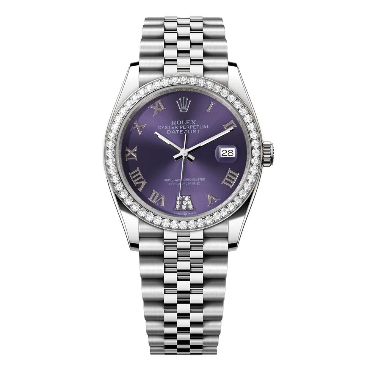 Rolex DateJust 36mm Purple Roman Diamond Dial - Diamond Bezel - Mr. Alex Jewelry