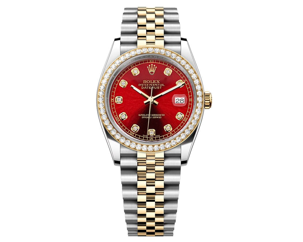 Rolex DateJust 36mm Red Gem Dial-Diamond Bezel 1.50ct - Mr. Alex Jewelry