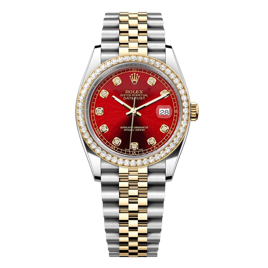 Rolex DateJust 36mm Red Gem Dial-Diamond Bezel 1.50ct - Mr. Alex Jewelry