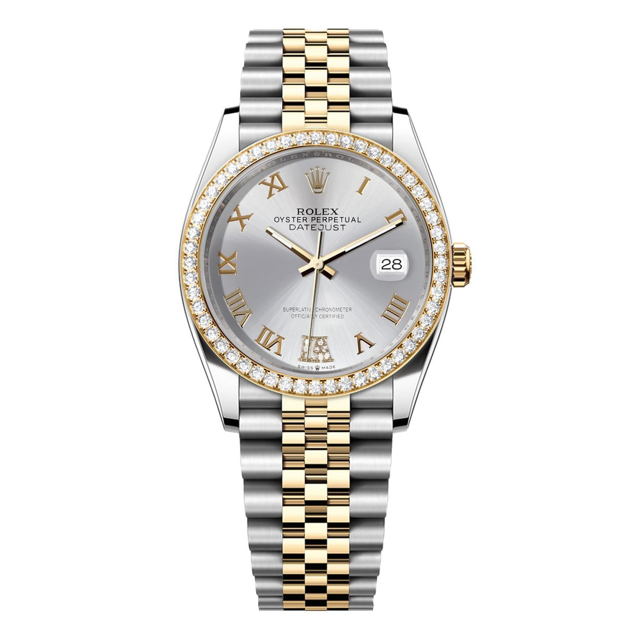 Rolex DateJust 36mm Silver Roman Diamond Dial - Diamond Bezel - Mr. Alex Jewelry