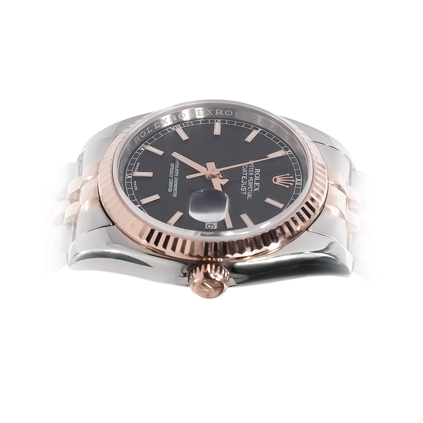 Rolex Datejust 36mm Two - Tone Rose Gold Black Stick Dial Hidden Clasp Ref:116231 - Mr. Alex Jewelry