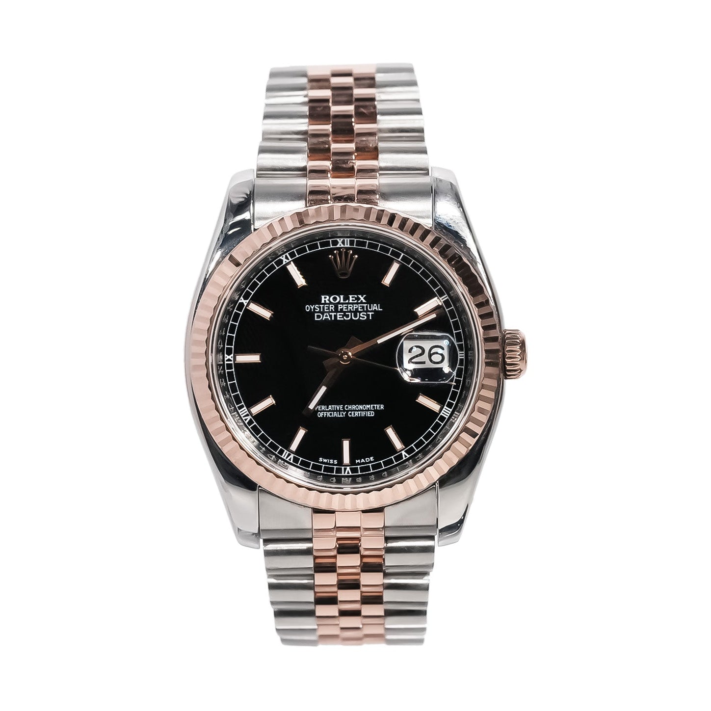 Rolex Datejust 36mm Two - Tone Rose Gold Black Stick Dial Hidden Clasp Ref:116231 - Mr. Alex Jewelry