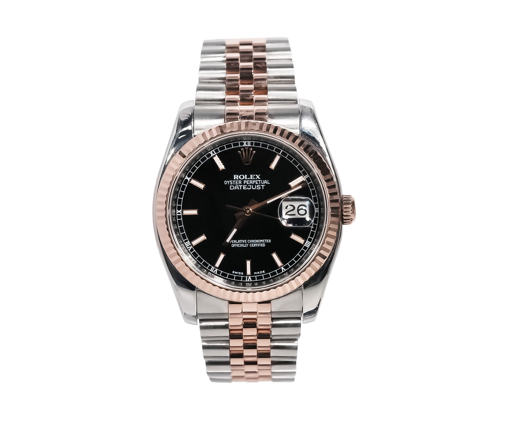 Rolex Datejust 36mm Two - Tone Rose Gold Black Stick Dial Hidden Clasp Ref:116231 - Mr. Alex Jewelry
