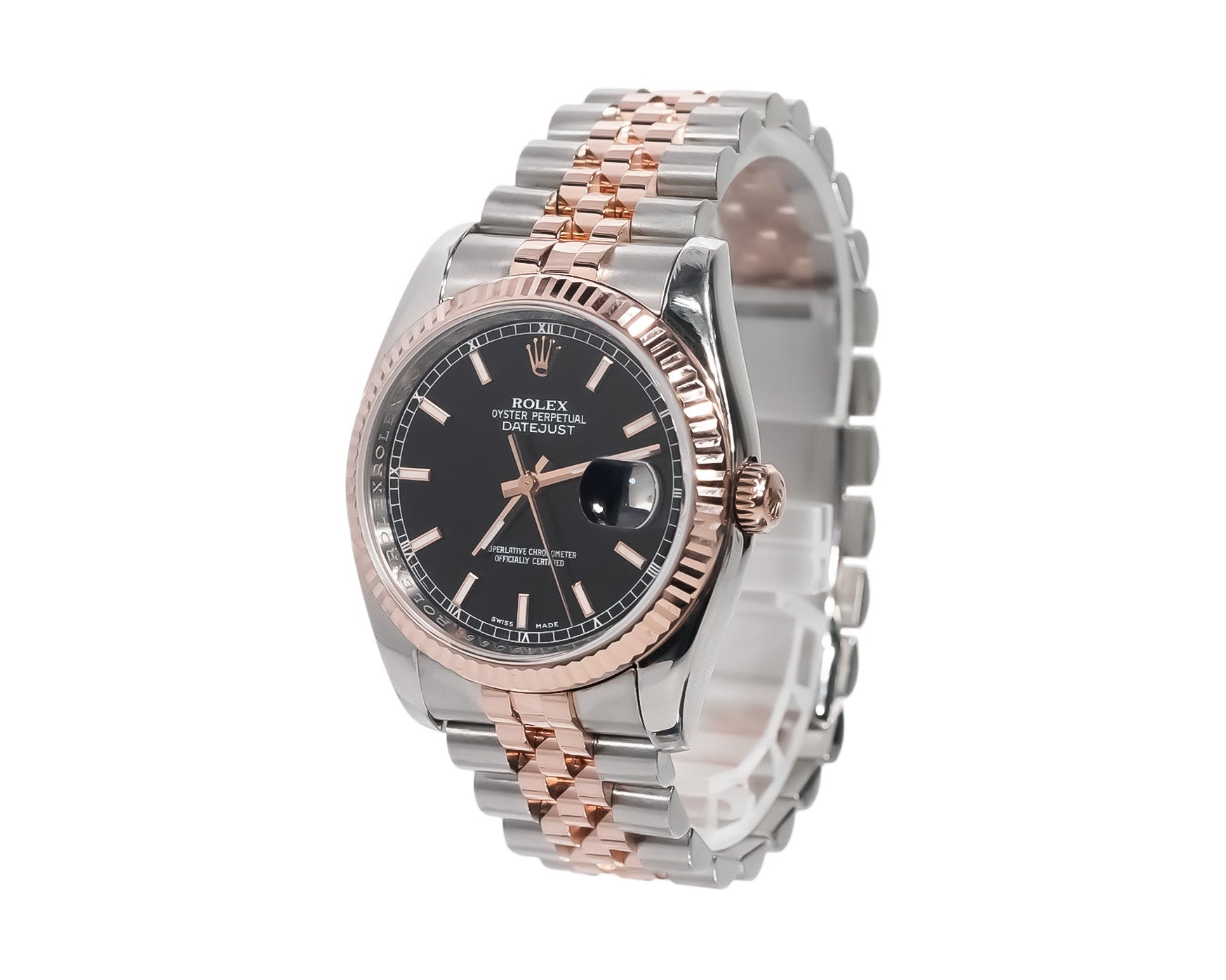 Rolex Datejust 36mm Two - Tone Rose Gold Black Stick Dial Hidden Clasp Ref:116231 - Mr. Alex Jewelry