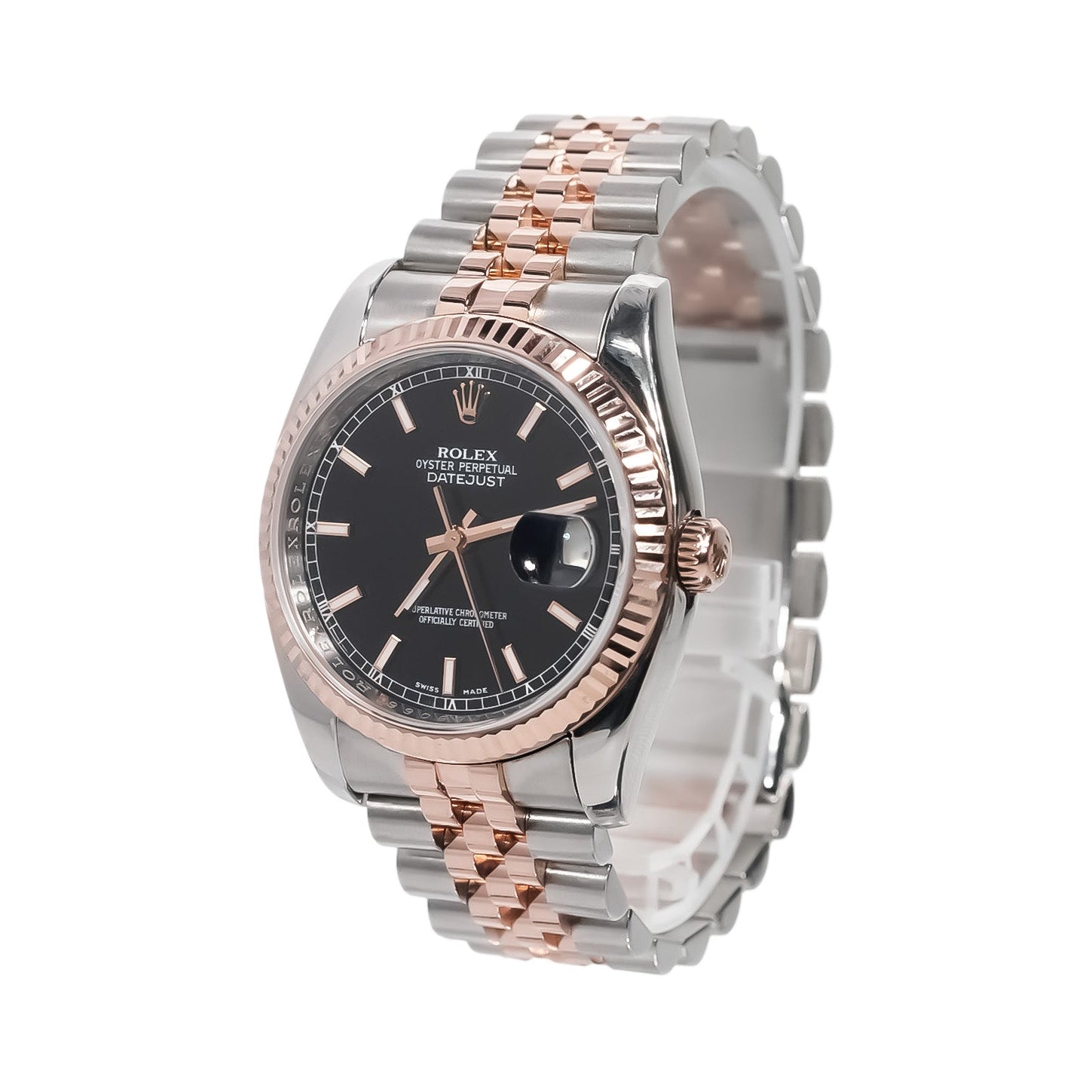 Rolex Datejust 36mm Two - Tone Rose Gold Black Stick Dial Hidden Clasp Ref:116231 - Mr. Alex Jewelry