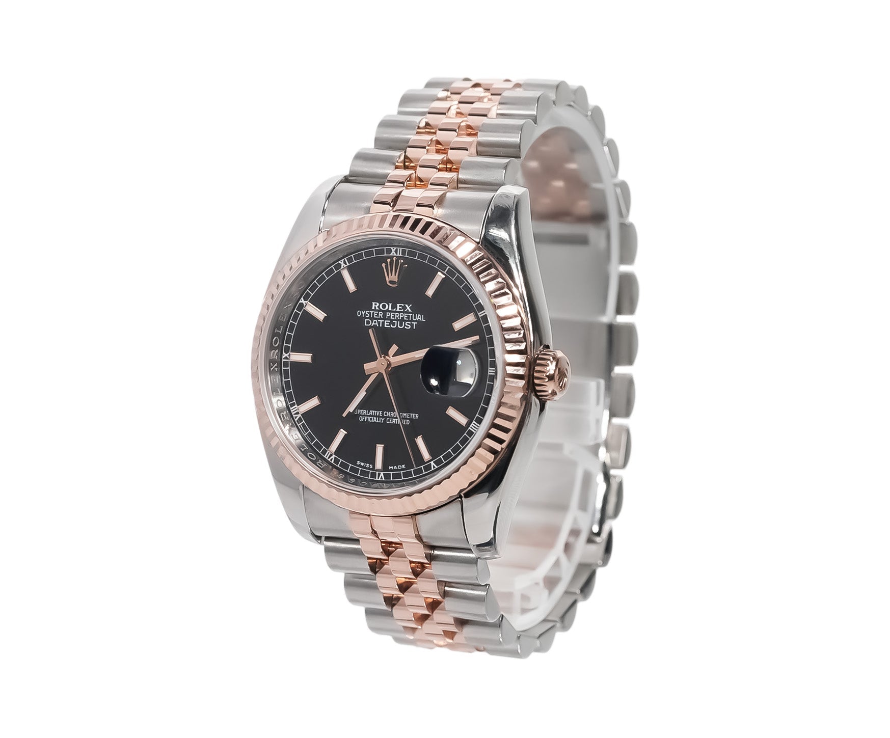 Rolex Datejust 36mm Two - Tone Rose Gold Black Stick Dial Hidden Clasp Ref:116231 - Mr. Alex Jewelry