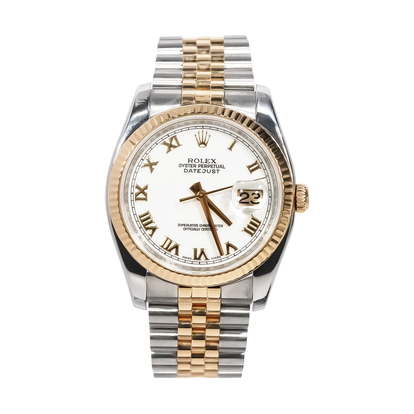 Rolex Datejust 36mm Two - Tone Rose Gold White Roman Dial Hidden Clasp Ref:116231 - Mr. Alex Jewelry