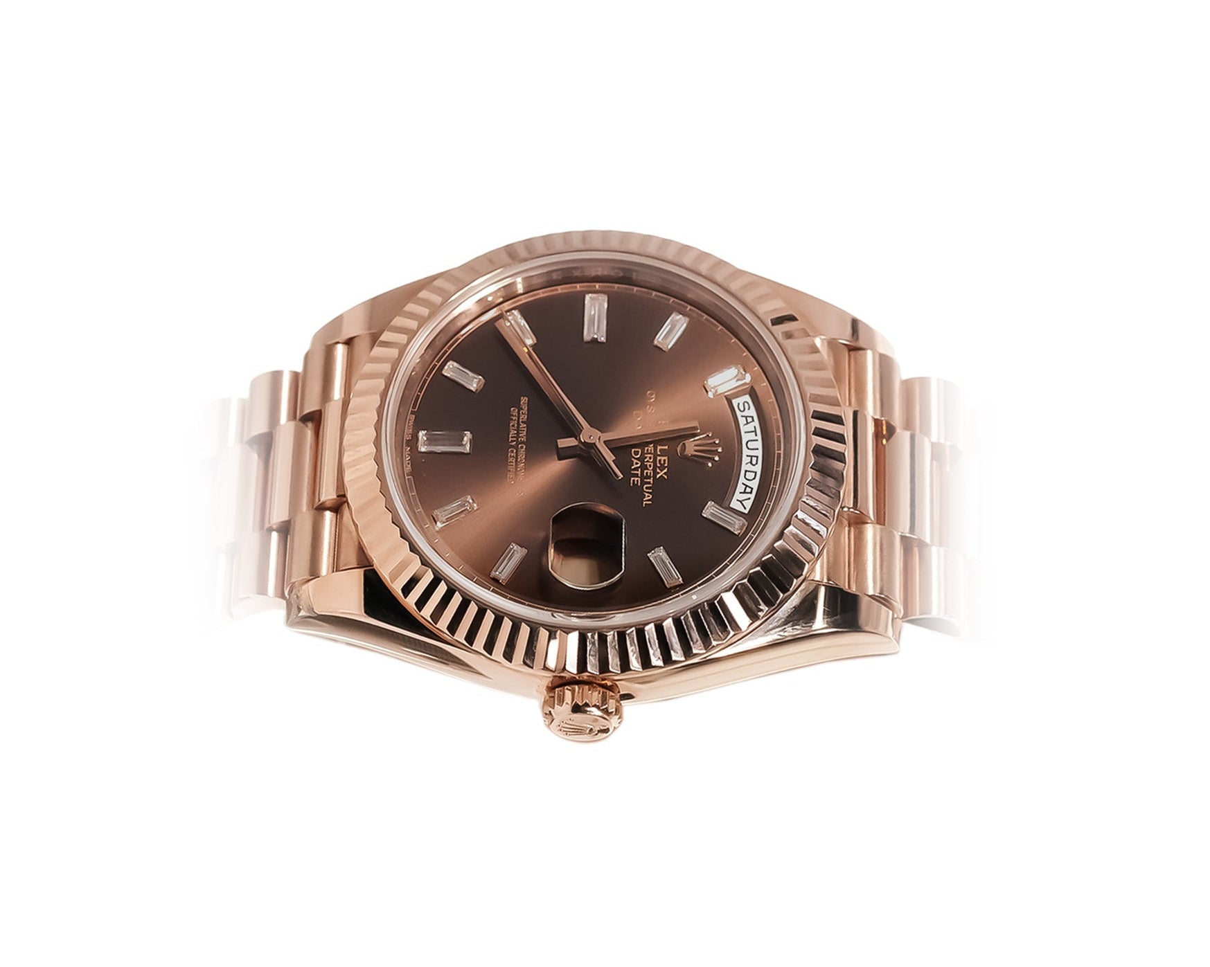 Rolex Day - Date 40mm Everose Gold Chocolate Baguette Diamond Dial Ref:228235 - Mr. Alex Jewelry