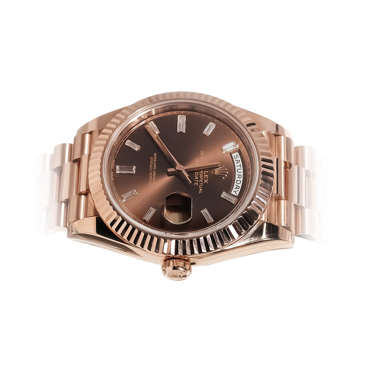 Rolex Day - Date 40mm Everose Gold Chocolate Baguette Diamond Dial Ref:228235 - Mr. Alex Jewelry